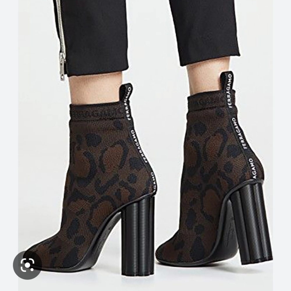 Salvatore Ferragamo Animal Print Knit Sock High Heeled Booties Size 7 D … - Picture 4 of 9